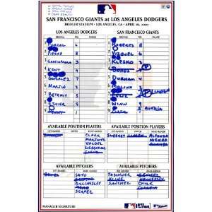  Game Used Lineup Card 4 26 2007 Giants at Dodgers Sports 
