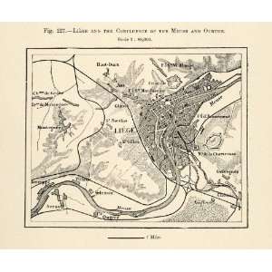 1882 Relief Line block Map Meuse Ourthe Liege River Belgium Montegnee 