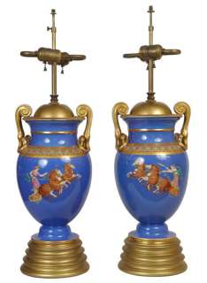 Lámparas de mesa azules neoclásicas antiguas de la porcelana de los 