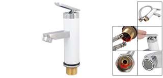 Kitchen Sink Basin White Mixer Tap Brass Faucet w 2 Flexible Hose 