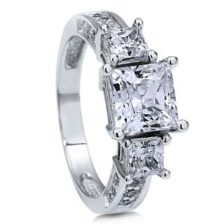 STERLING SILVER 925 PRINCESS CUT CLEAR CUBIC ZIRCONIA CZ 3 STONE RING 