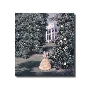  Woman Admires Large White Blossoms On Magnolia Tree Giclee 