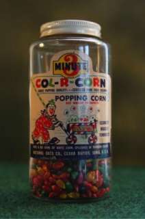 Vintage 3 Minute Col R Corn Popping Corn Jar & Corn 70s  