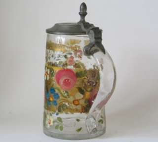 Early German Glass Beer Stein   Cold Paint circa 1840s  