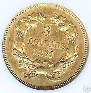 1874 $3 Gold NGC AU 53  
