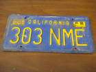 1980s Gold Blue California License Plate 303 NME Tag