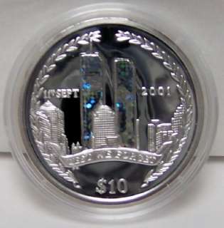 BVI 9 11 TRIBUTE WTC 2002 LIMITED HOLOGRAM SILVER PROOF COIN WTC SIDE