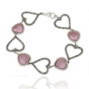 Sterling Silver Marcasite and Pink Glass Heart Bracelet Jewelry