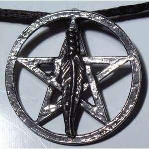  Pewter Pentacle with Feather Pendant 