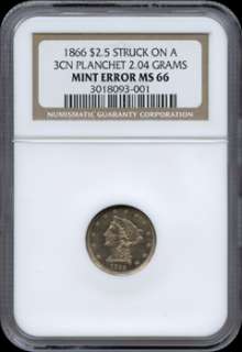 1866 $2½ Struck on a 3 Cent Nickel Planchet NGC MS 66  