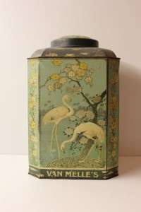 Antique Dutch Largeoriental Flamingo image toffee tin.1920s.  