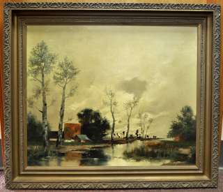 Wonderful A. Herbe Oil on Canvas Dutch River Scene Great Large Frame 