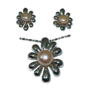  Pink Pearl & Silver Plated Petals Jewelry Set: Jewelry