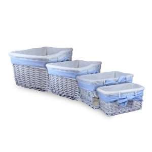 Set of 4 Matte White Willow Baskets w/ White Liner and Blue Ribbon by 