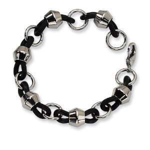  Mens Chunky Black Rubber Stainless Steel Chain Bracelet 