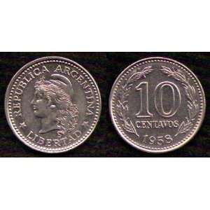    Almost Uncirculated 1958 Argentina 10 Centavos 