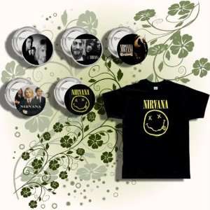   Large T Shirt And Button/Pin Set Kurt Cobain 