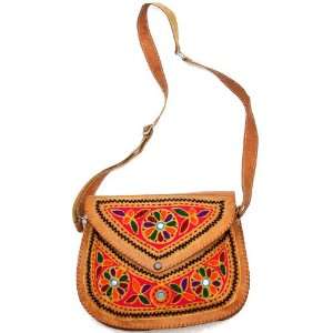 Fawn Leather Handbag from Ajmer with Hand Ari Embroidery and Mirrors 
