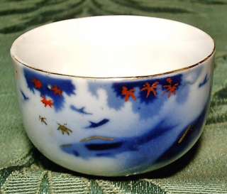 Antique Hand Painted Blue & White Birds Japan Tea Bowl  