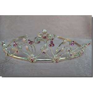  Bridal Wedding Tiara Crown With Flowers and Pink Crystals 