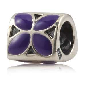 Purple Enamel Four Petal Flower 925 Sterling Silver Charm Fits Pandora 