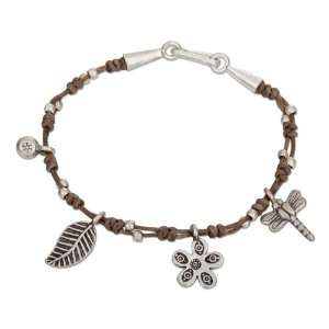   Silver 6.5 inch Light Brown Cotton Waxed Thread Charm Bracelet