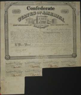 1000 Confederate Bond, 1863 dated Richmond w/6 coupons  