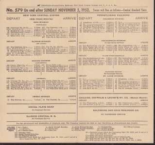 VINTAGE INDIANAPOLIS UNION RAILWAY SCHEDULE OF ARRIVAL AND DEPARTURE 