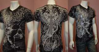 New MENS MUSCLE V Neck Black T Shirt Gothic Design Eagle & Sword with 