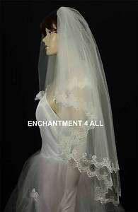 Tier Cascading Ivory Bridal Wedding Fingertip Veil w/ Embroidered 
