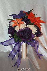 Bridal Bouquet Purple Ivory Orange Tiger Lily Wedding Silk Flowers 
