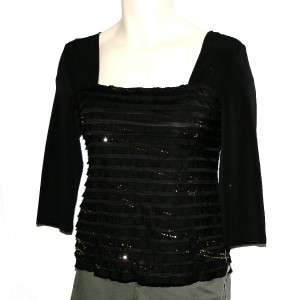 AGB Black Gold Beads Ruffle Shirt Top Womens Medium NWT $44  