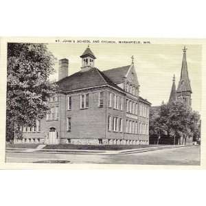   Vintage Postcard St. Johns School and Church Marshfield Wisconsin