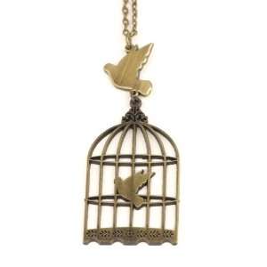  Vtg necklace vintage brass pendant bird cage dove long 