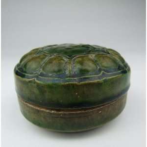 One Green Glazed Pottery Puff Box, Chinese Antique Porcelain, Pottery 