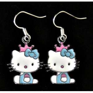 Cute Kitty pink & blue enamel charm earrings w/ .925 sterling silver 