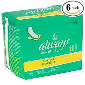  Always Ultra Thin Regular Pads, 22 Count Packages (Pack of 