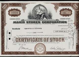 ALLIED STORES CORPORATION NEW YORK old stock cert. issued to Dean 