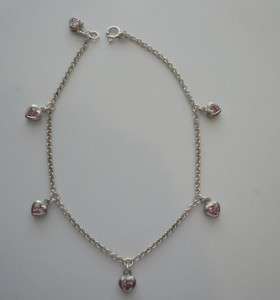 Sterling Silver PINK CZ Dangling Heart Ankle Bracelets  