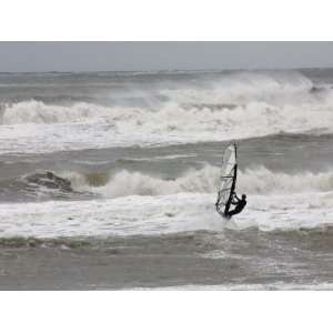  Windsurfer Sailing Out into Big Breaking Waves 