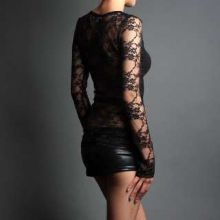 New Sexy Full Lace Back Sleeve Stretch T Shirt Top Clubwear Long 