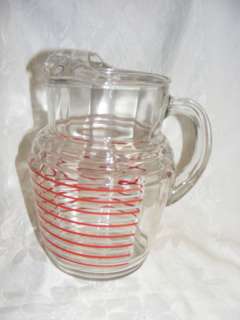 Vintage Glass Tea Pitcher Ice Lip Red White Stripe 96 ounce  