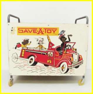 Big 60s Vtg Save a Toy Wooden Toy Box monkey fire truck  