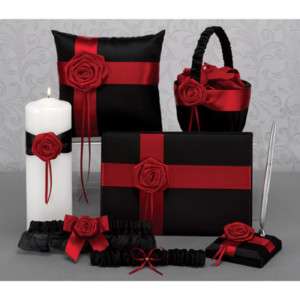 Black Red Rose Wedding Set: Guest Book, Pillow, Basket;  