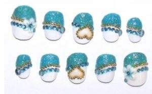 CLEARANCE Japanese false fake nail tips art blue white flowers 3d 