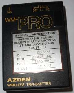 Used Azden WM Pro Wireless Transmitter Unit F2=171.845 MHz Nice  