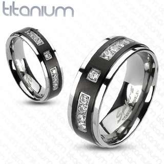Solid titanium mens ring Black IP Center with Multi CZ engagement 