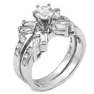 Bedazzling .925 Sterling Silver Wedding Ring Set with Baguette Stone 