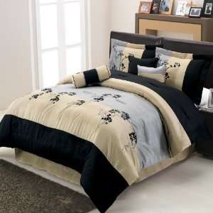  7pc Modern Black Grey Taupe Comforter Set Queen Size