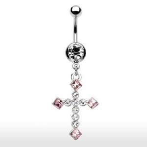 316L Surgical Steel Single Gem Belly Ring with Dangling Two Tone Multi 